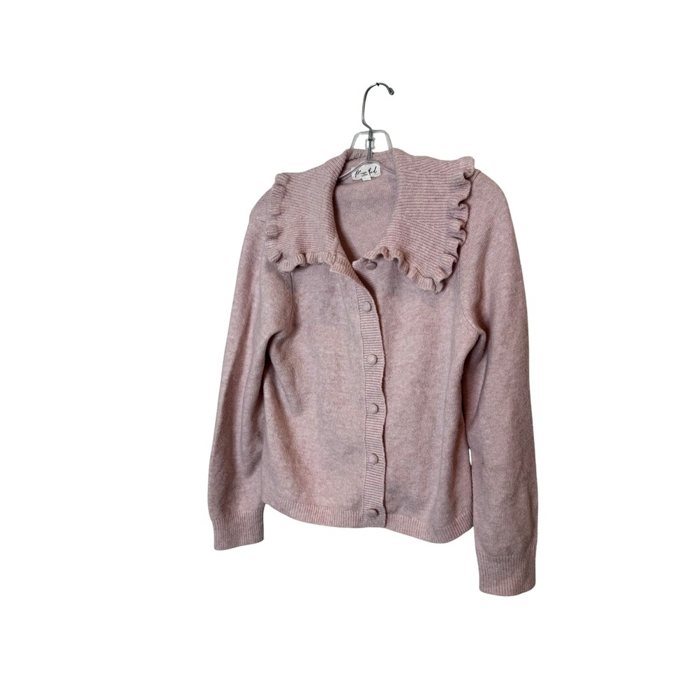Marled Cardigan Sweater Womens Small Pink Ruffle Collar Button Knit Long Sleeve